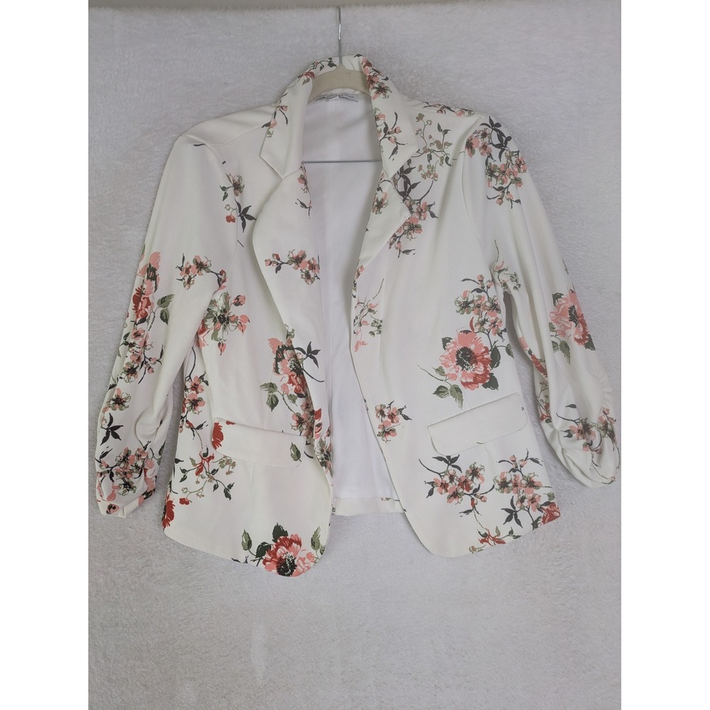 Crescent & Willough Blazer Women's M Ivory Floral Ruched 3/4 Sleeve